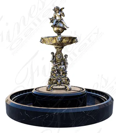 Lion and Cherub Themed Tiered Silver Bronze Fountain