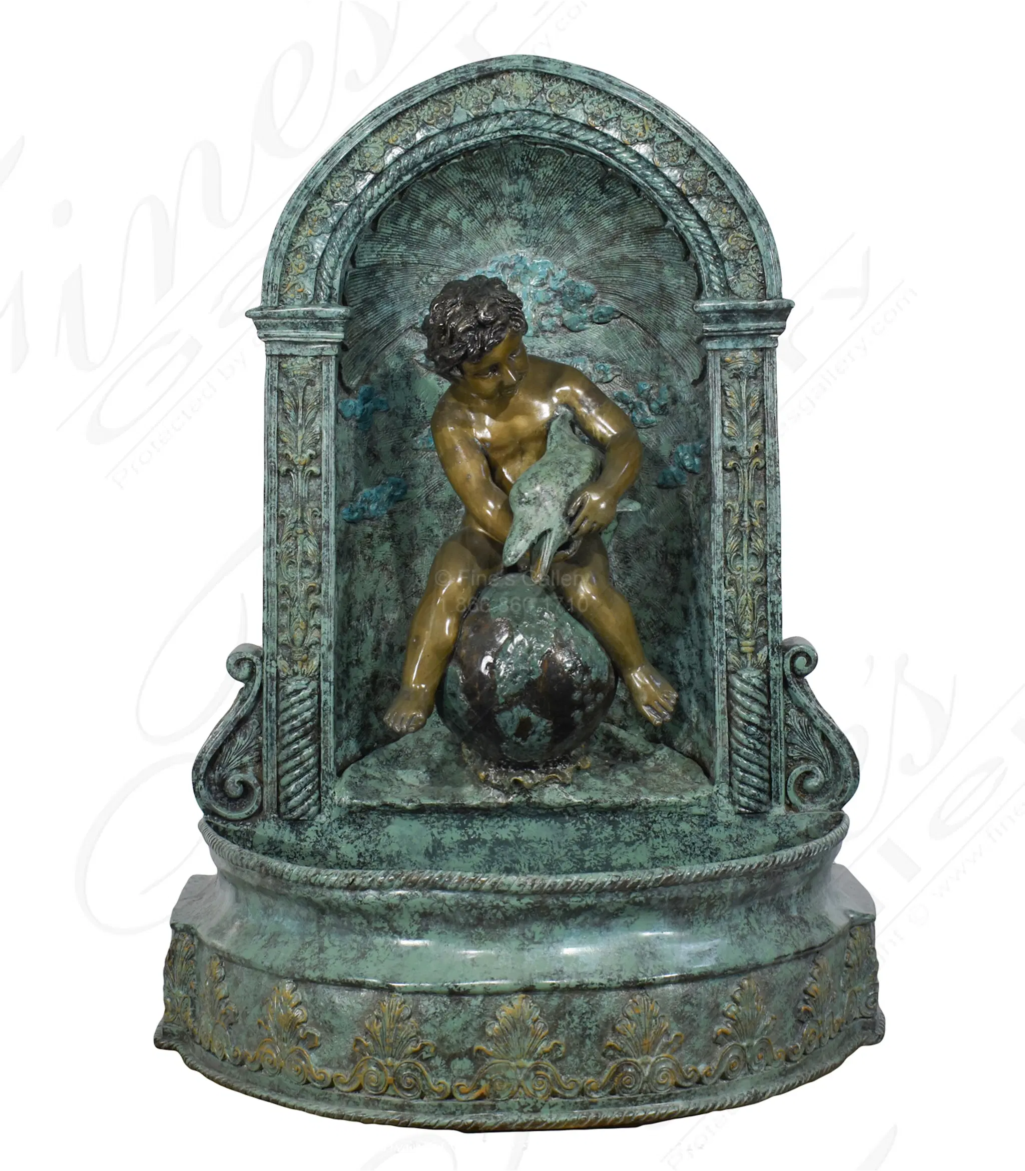 Boy on Globe with Dolphin Wall Fountain in Bronze