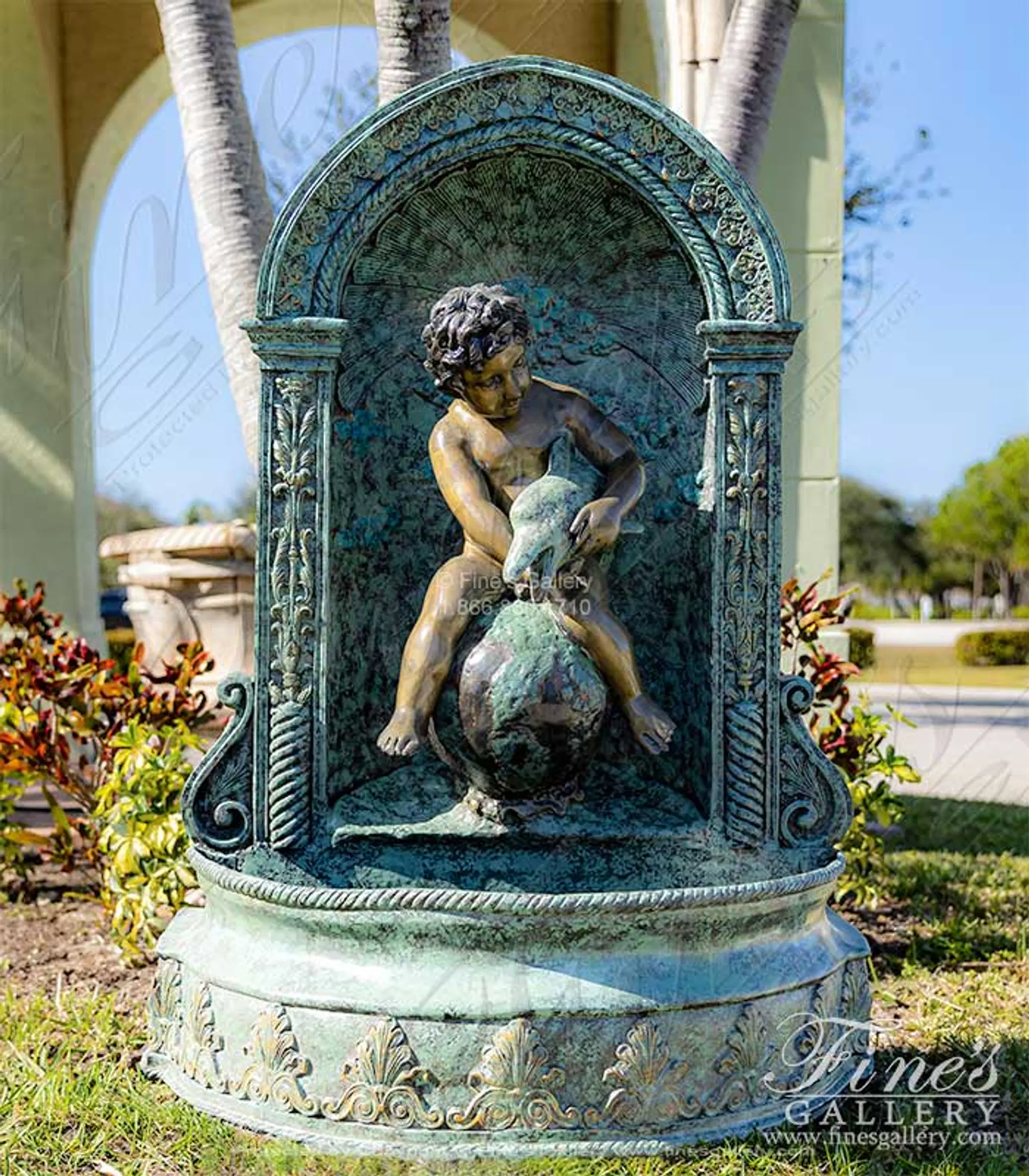 Boy on Globe with Dolphin Wall Fountain in Bronze