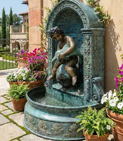 Boy on Globe with Dolphin Wall Fountain in Bronze