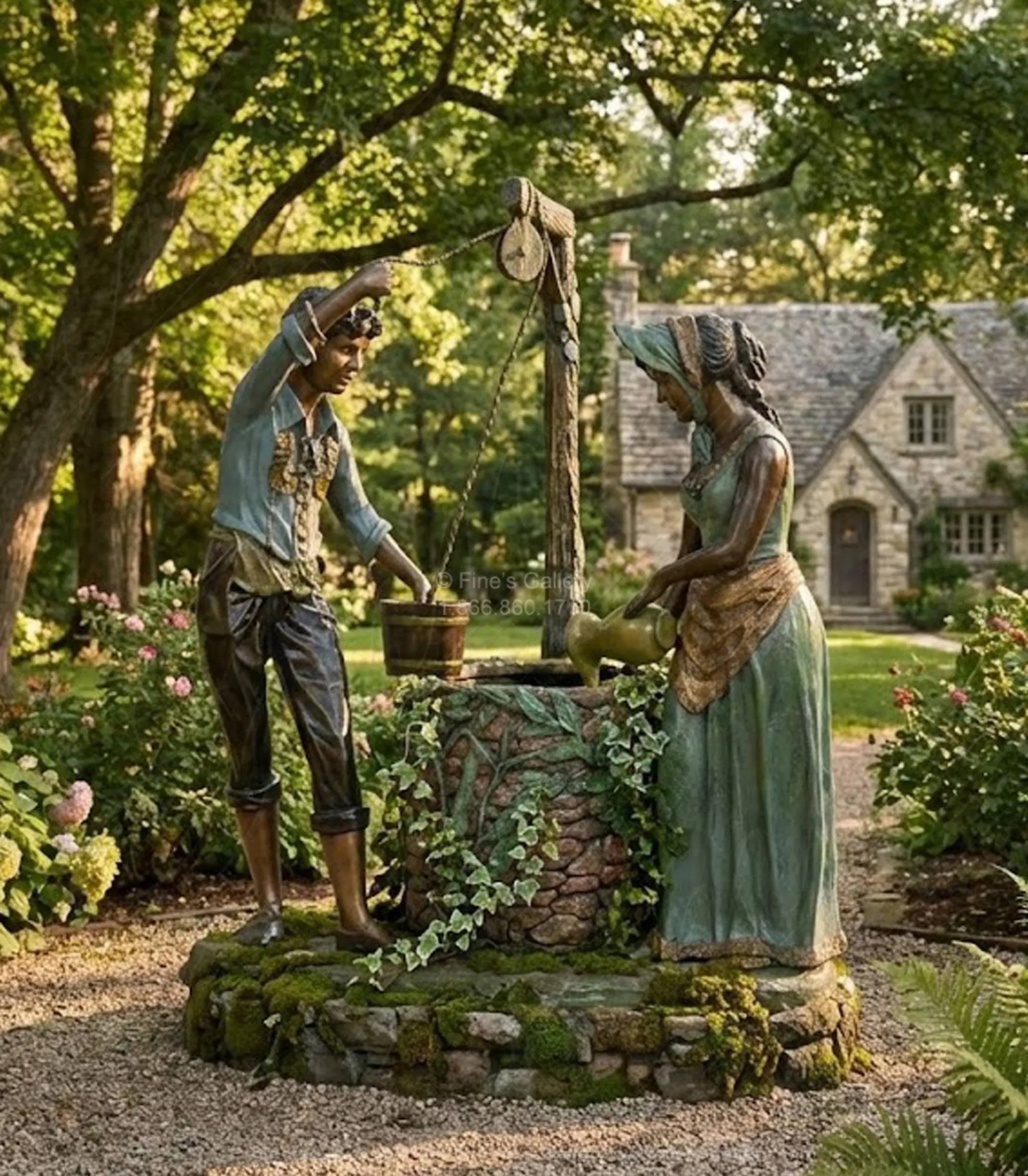 Young Couple at the Well Bronze Fountain Sculpture - Elegant Garden Water Feature