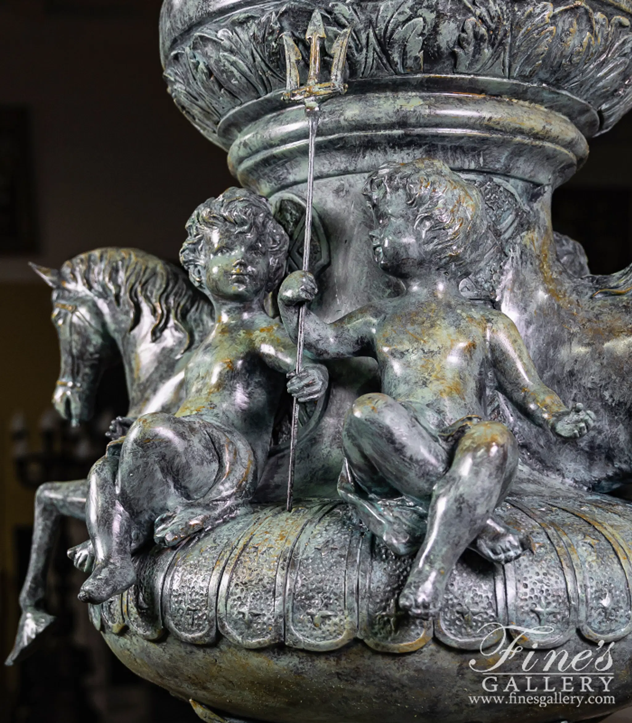 Patina Horse, Lion, Cherub Themed Bronze Fountain — Model BF-846 — detail view 3