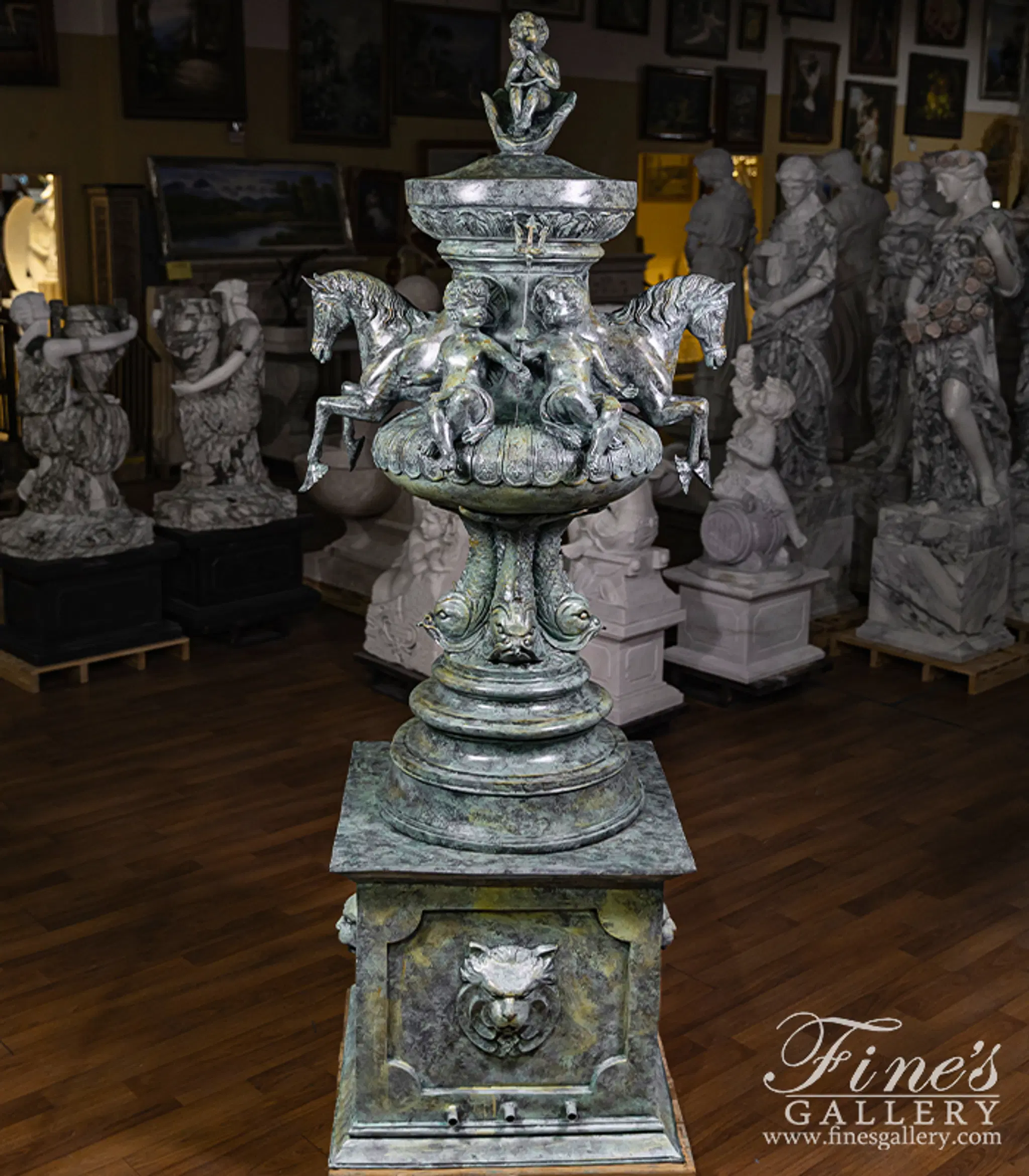 Patina Horse, Lion, Cherub Themed Bronze Fountain — Model BF-846 — detail view 6