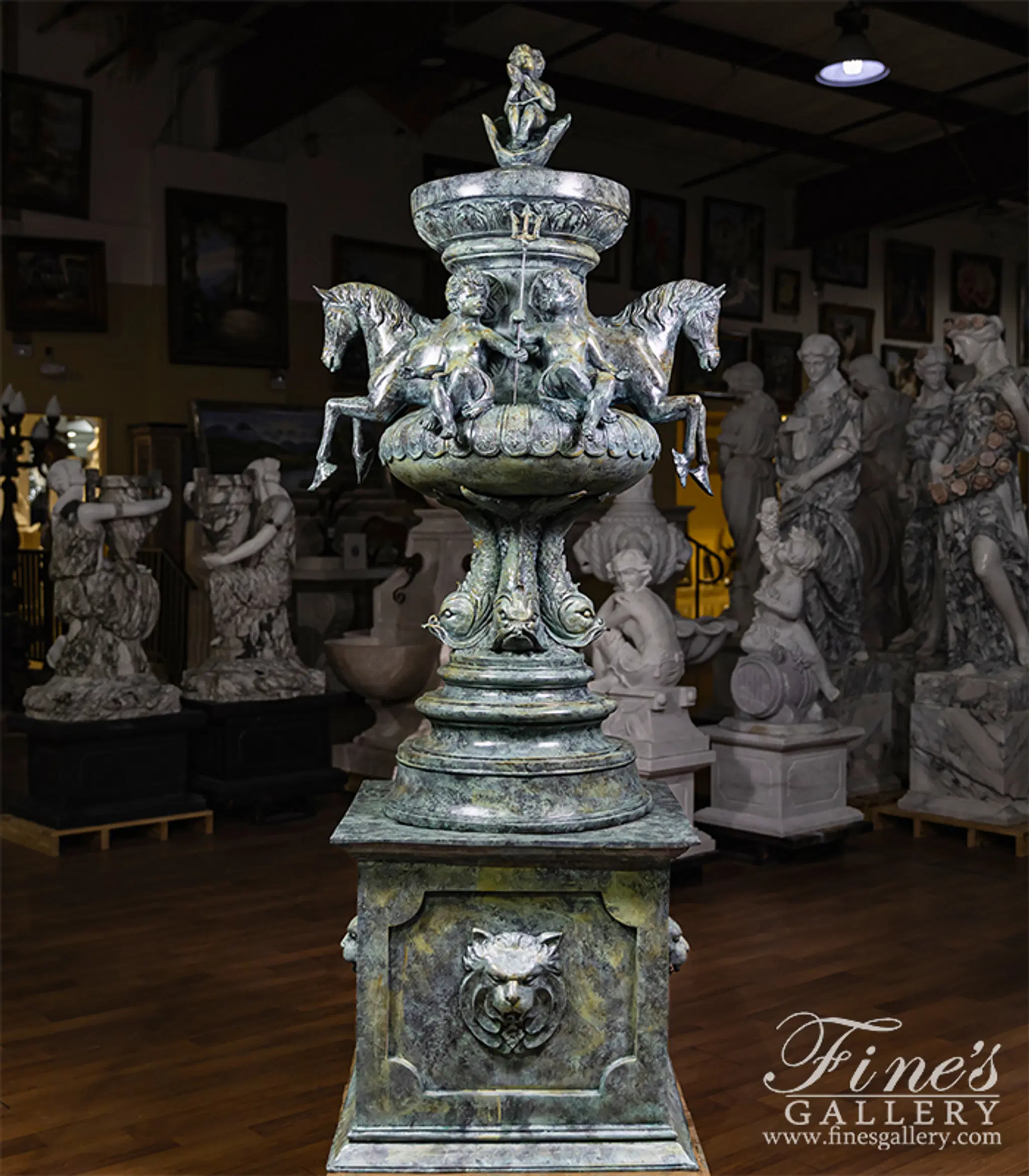 Patina Horse, Lion, Cherub Themed Bronze Fountain — Model BF-846 — Hand-Crafted by Fine's Gallery