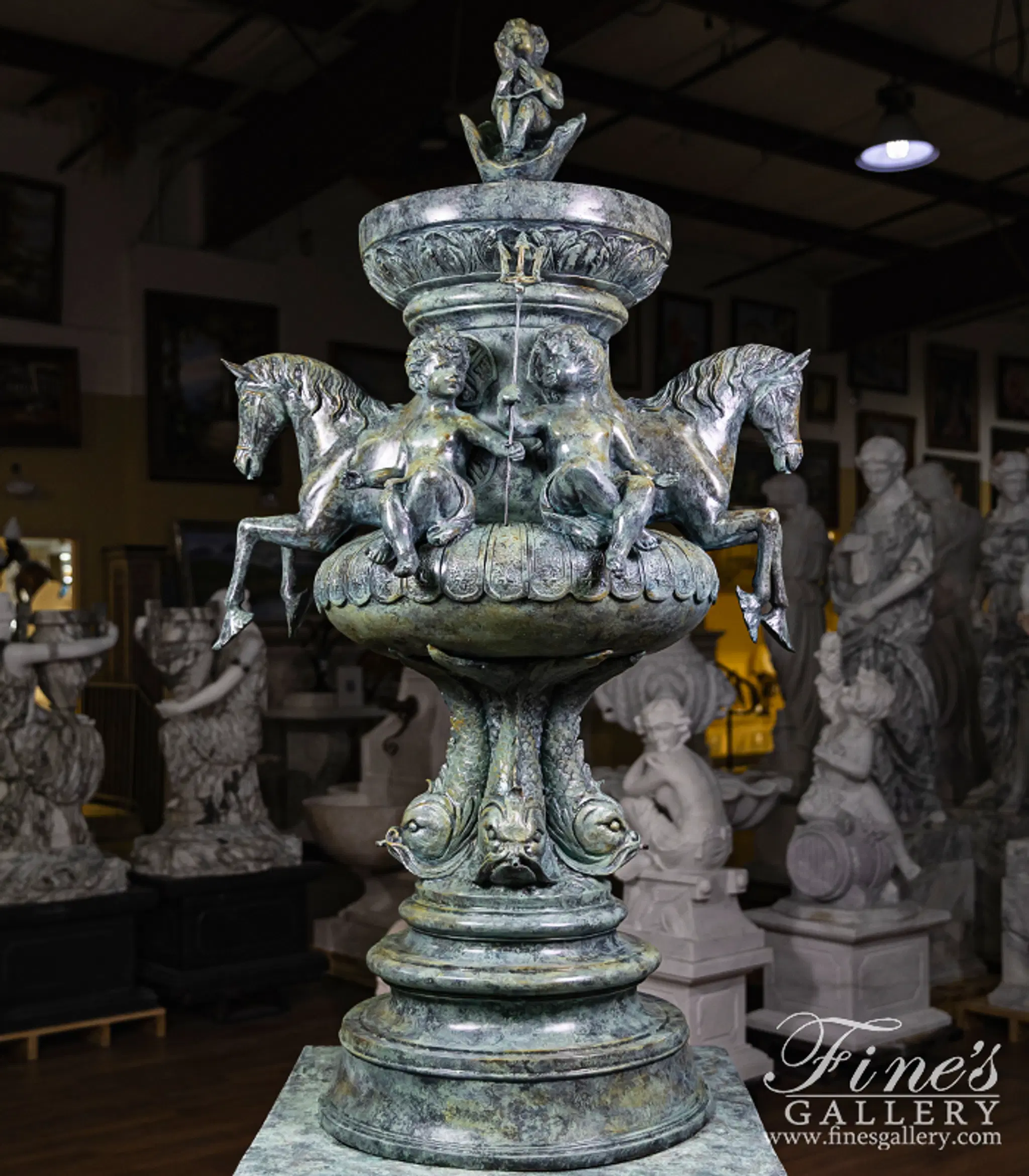 Patina Horse, Lion, Cherub Themed Bronze Fountain — Model BF-846 — detail view 1