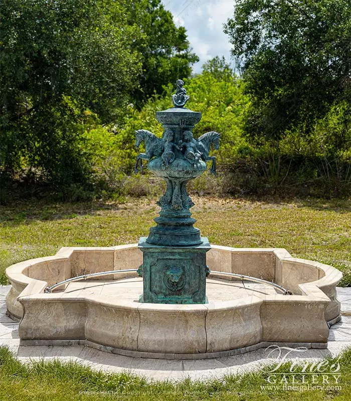 Rare Patina Horse, Lion, Cherub Themed Bronze Fountain