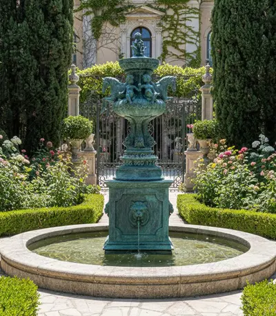 Patina Horse, Lion, Cherub Themed Bronze Fountain