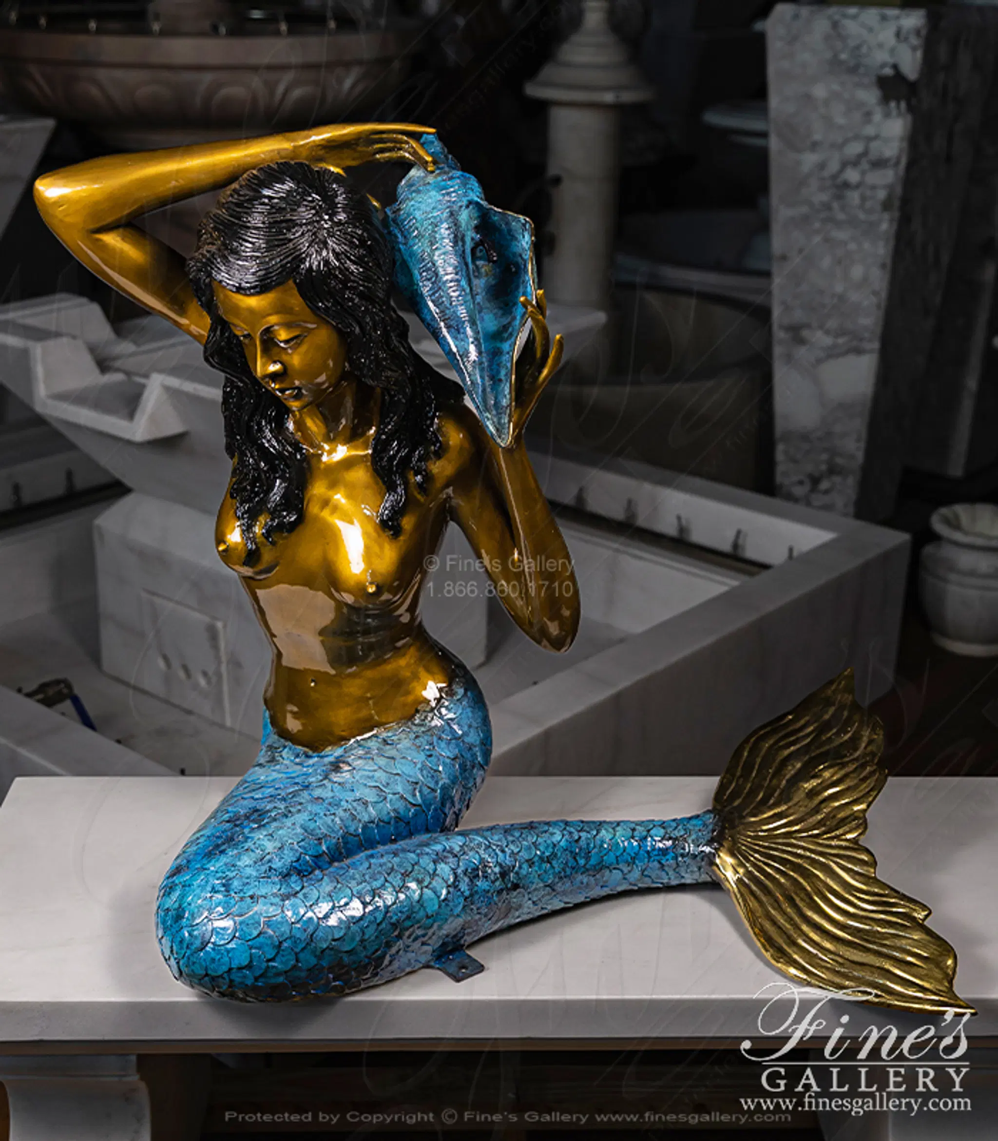 Kneeling Bronze Mermaid Fountain — Model BF-850 — Hand-Crafted by Fine's Gallery