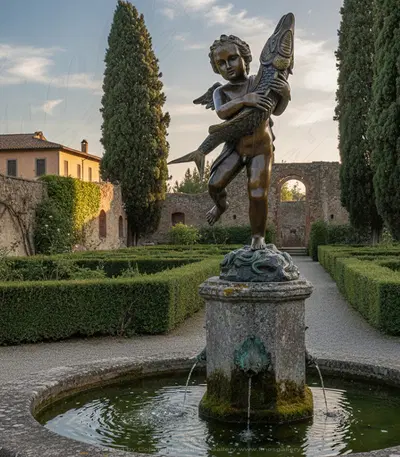 Bronze Cherub with Fish Fountain Finial - Elegant Garden Water Feature - Outdoor Decor
