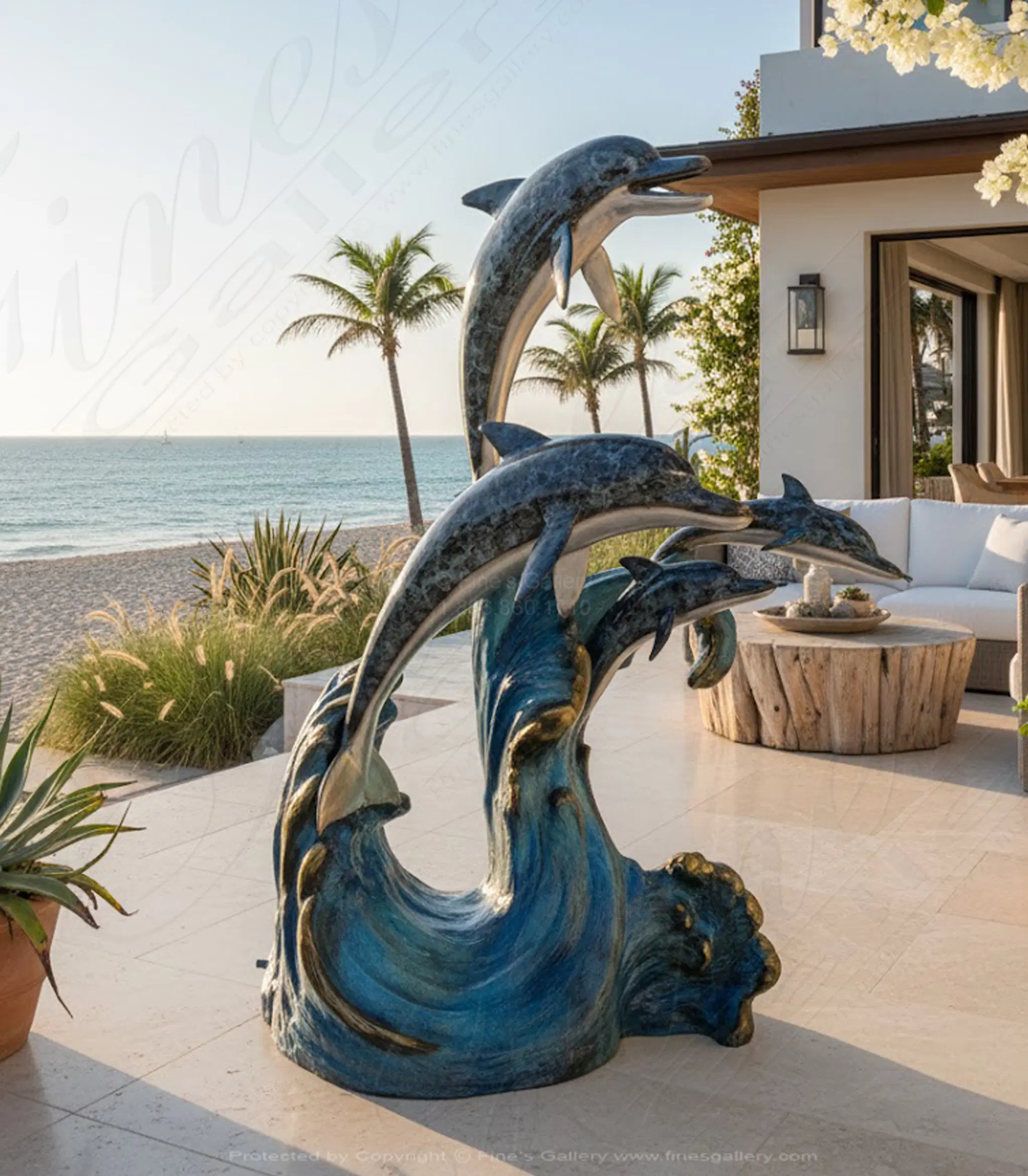 Bronze Four Dolphin Fountain - Outdoor Pool Water Feature - Decorative Garden Sculpture — Model BF-871 — Hand-Crafted by Fine's Gallery