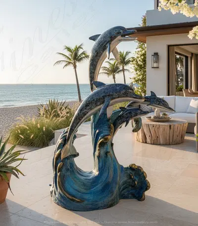 Bronze Four Dolphin Fountain - Outdoor Pool Water Feature - Decorative Garden Sculpture