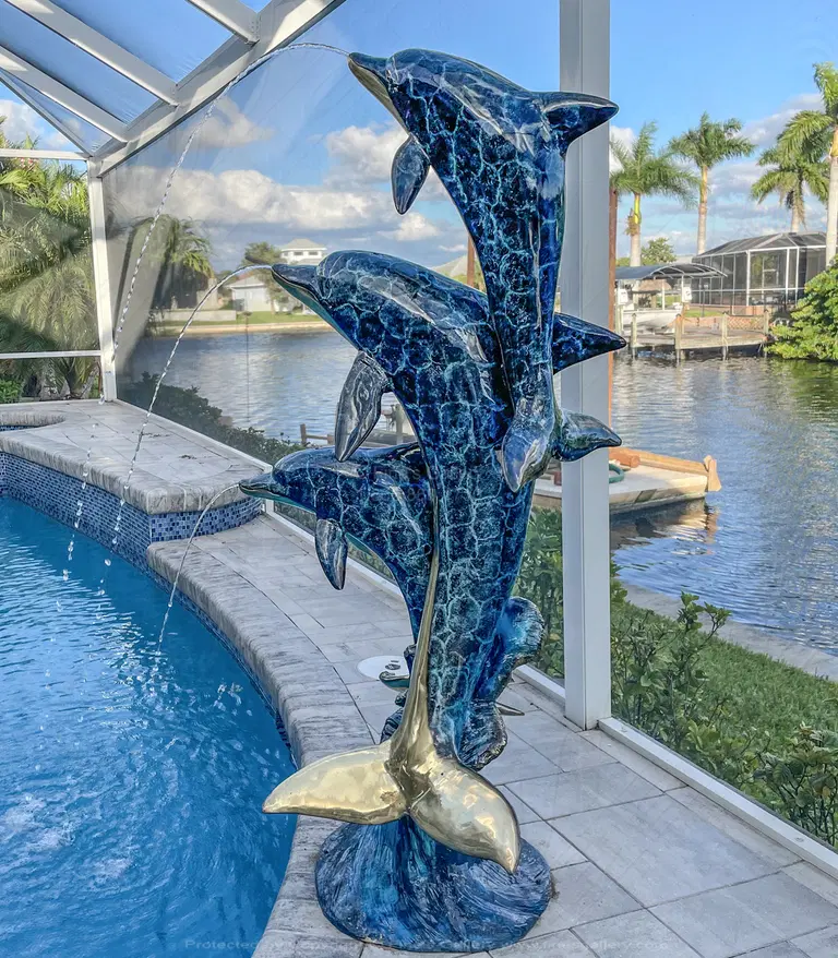 Three Dolphins Bronze Fountain in Dazzling Blue Enamel