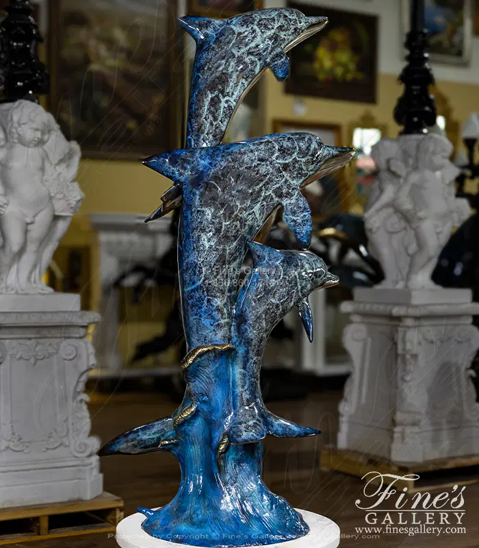 Bronze Fountains - Three Dolphins Bronze Fountain In Dazzling Blue