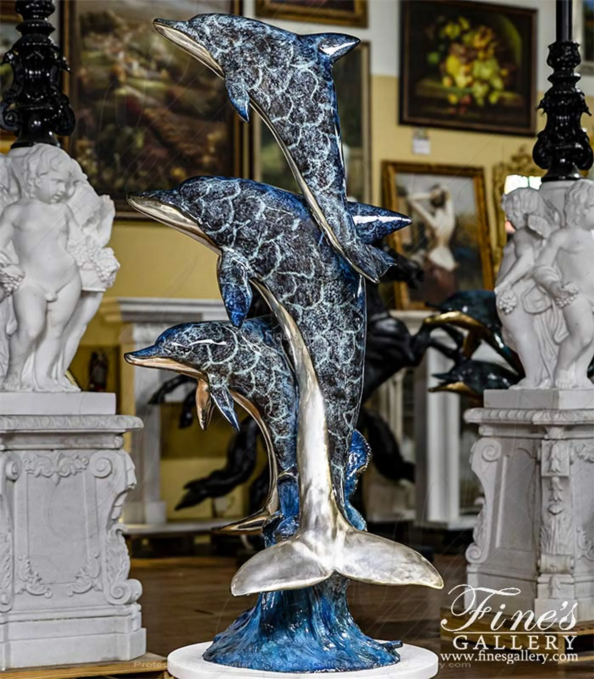 Three Dolphins Bronze Fountain in Dazzling Blue Enamel