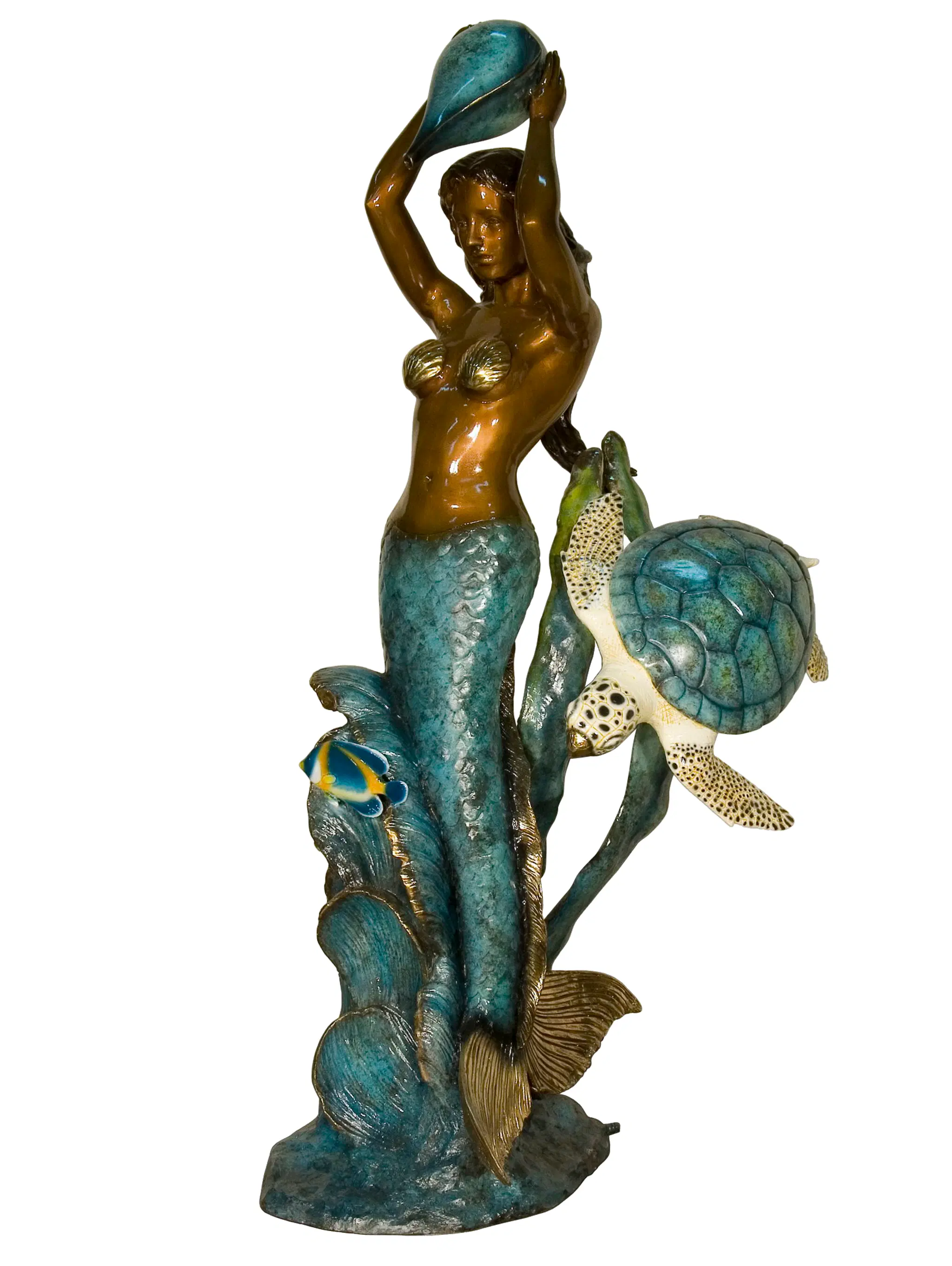 Bronze Mermaid With Sea Turtle and Tropical Fish Fountain — Model BF-897 — Hand-Crafted by Fine's Gallery