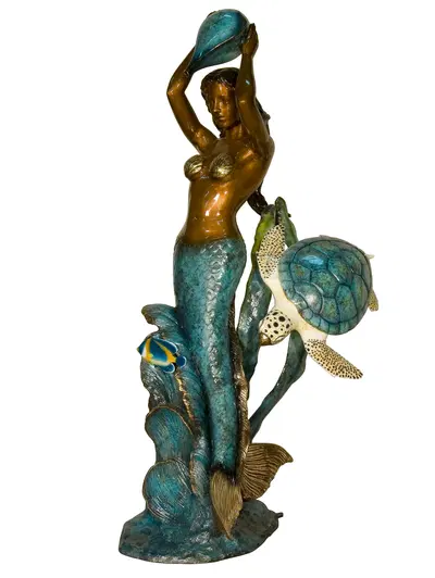 Bronze Mermaid With Sea Turtle and Tropical Fish Fountain