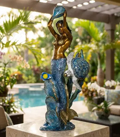 Bronze Mermaid With Sea Turtle and Tropical Fish Fountain