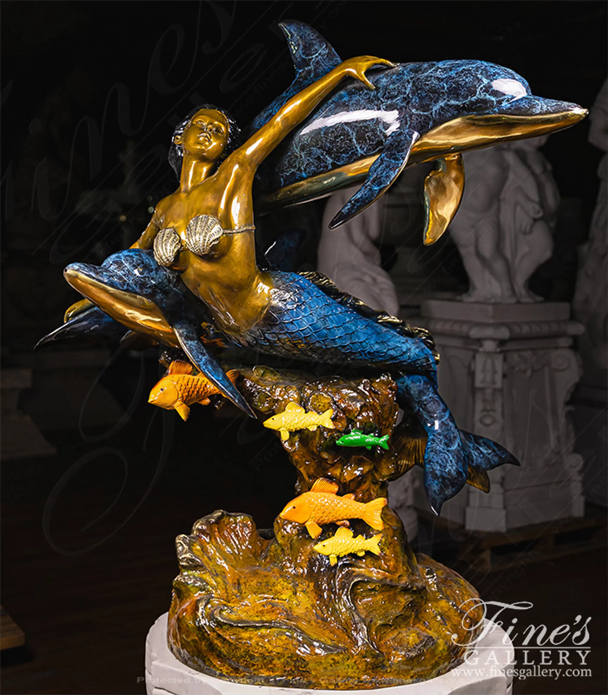 Bronze Mermaid with Dolphins Fountain — Model BF-902 — Hand-Crafted by Fine's Gallery