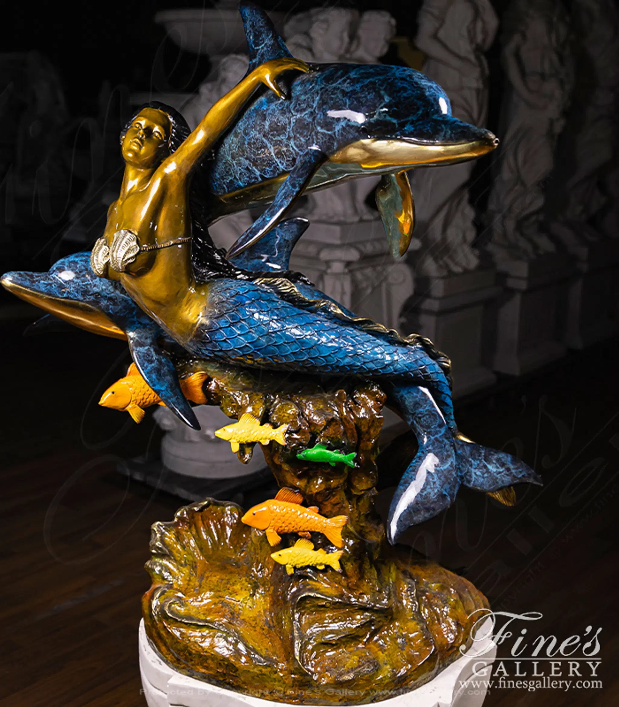 Bronze Mermaid with Dolphins Fountain — Model BF-902 — Hand-Crafted by Fine's Gallery
