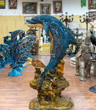 78 Inch Tall Baked Enamel Bronze Dolphin With Sea Turtles