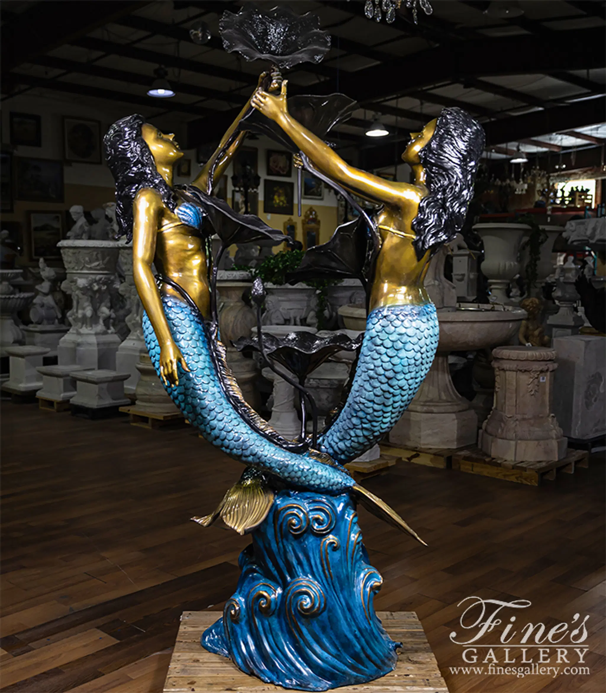 Two Mermaids and Lily Pads Fountain in Brilliant Blue Finish — Model BF-913 — Hand-Crafted by Fine's Gallery