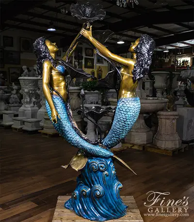 Two Mermaids and Lily Pads Fountain in Brilliant Blue Finish