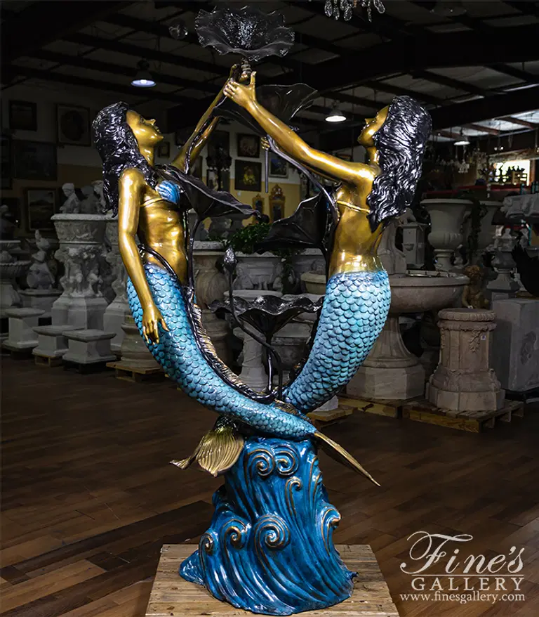 Two Mermaids and Lily Pads Fountain in Brilliant Blue Finish