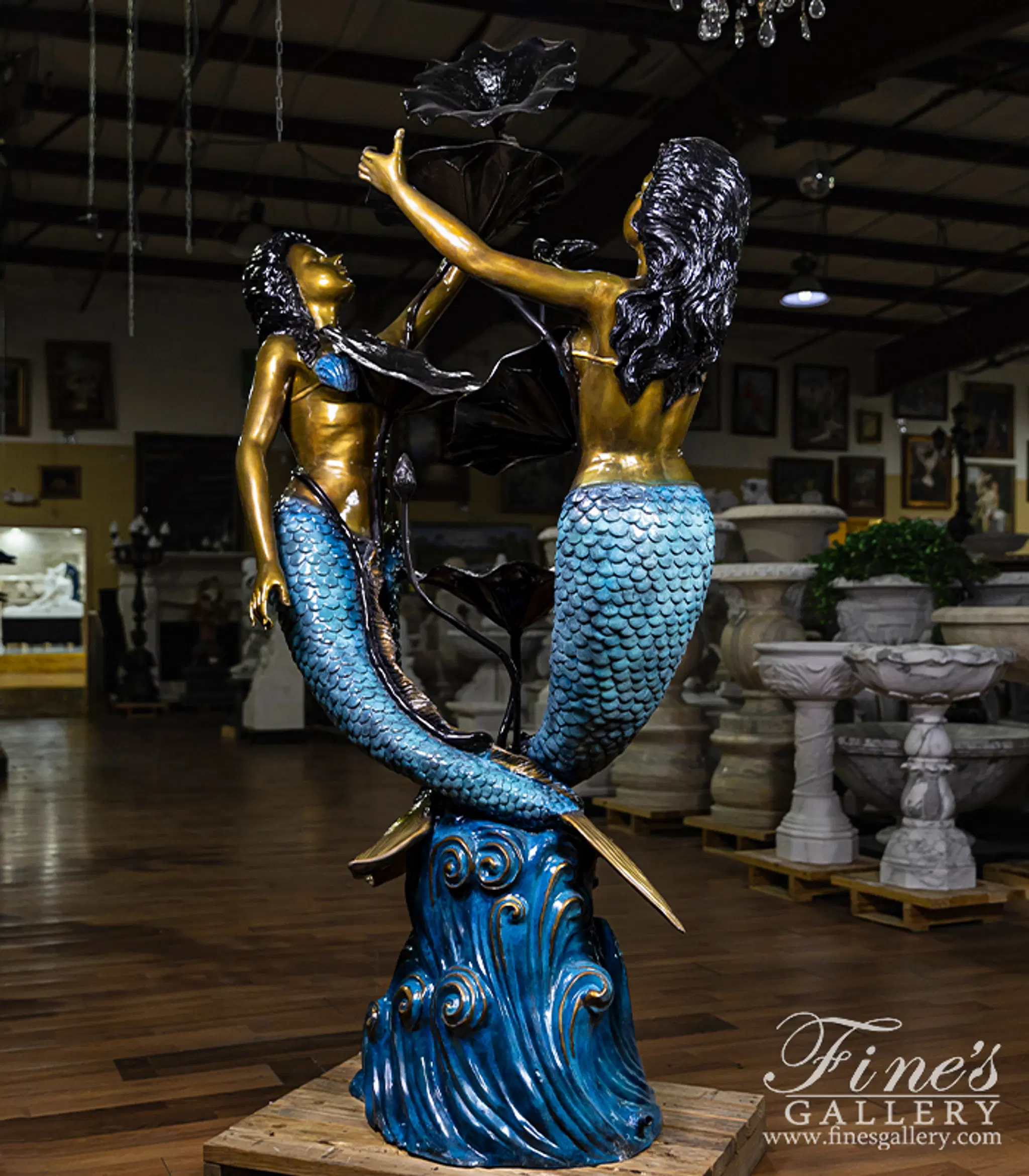 Two Mermaids and Lily Pads Fountain in Brilliant Blue Finish — Model BF-913 — detail view 2