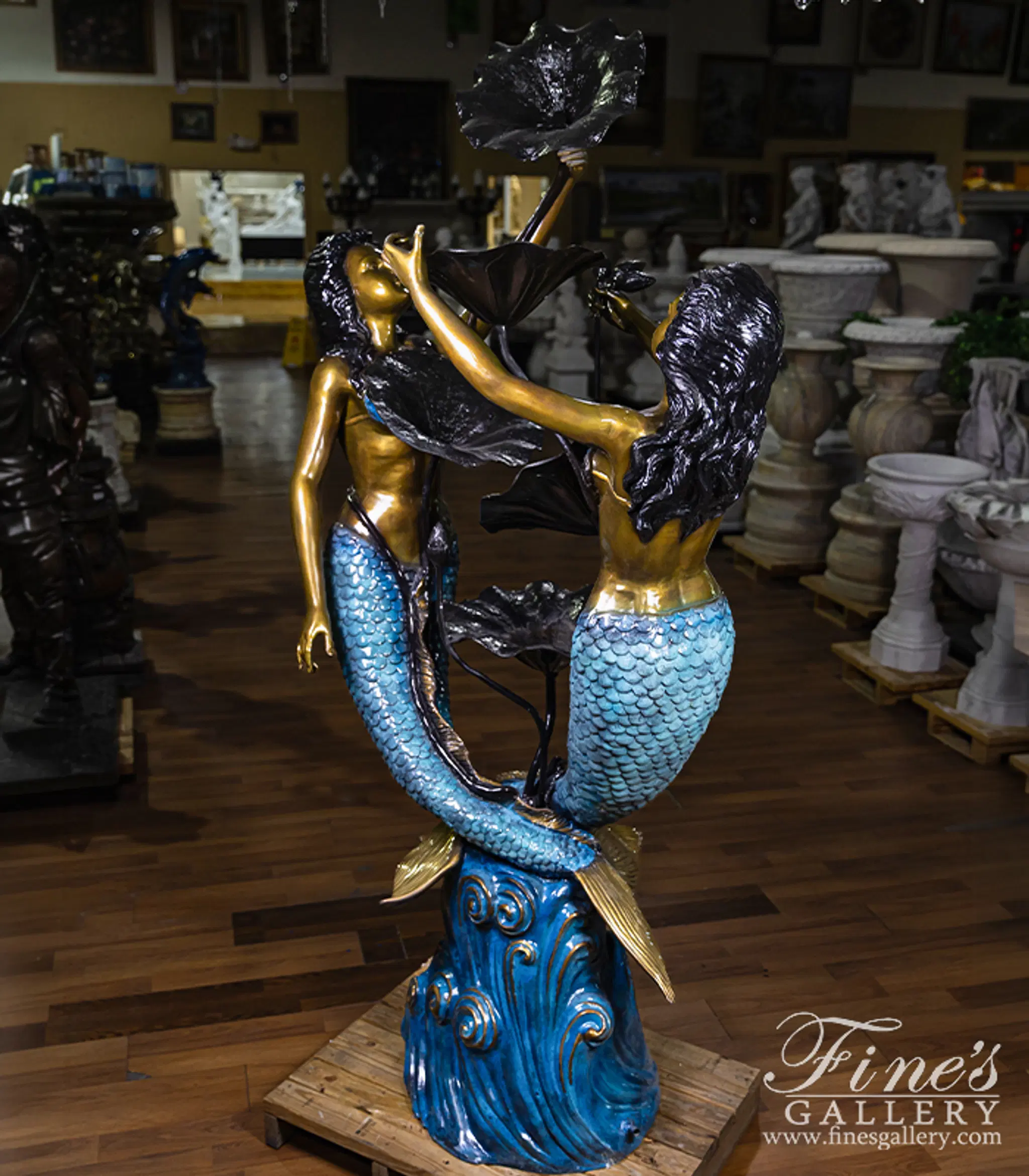 Two Mermaids and Lily Pads Fountain in Brilliant Blue Finish — Model BF-913 — detail view 3