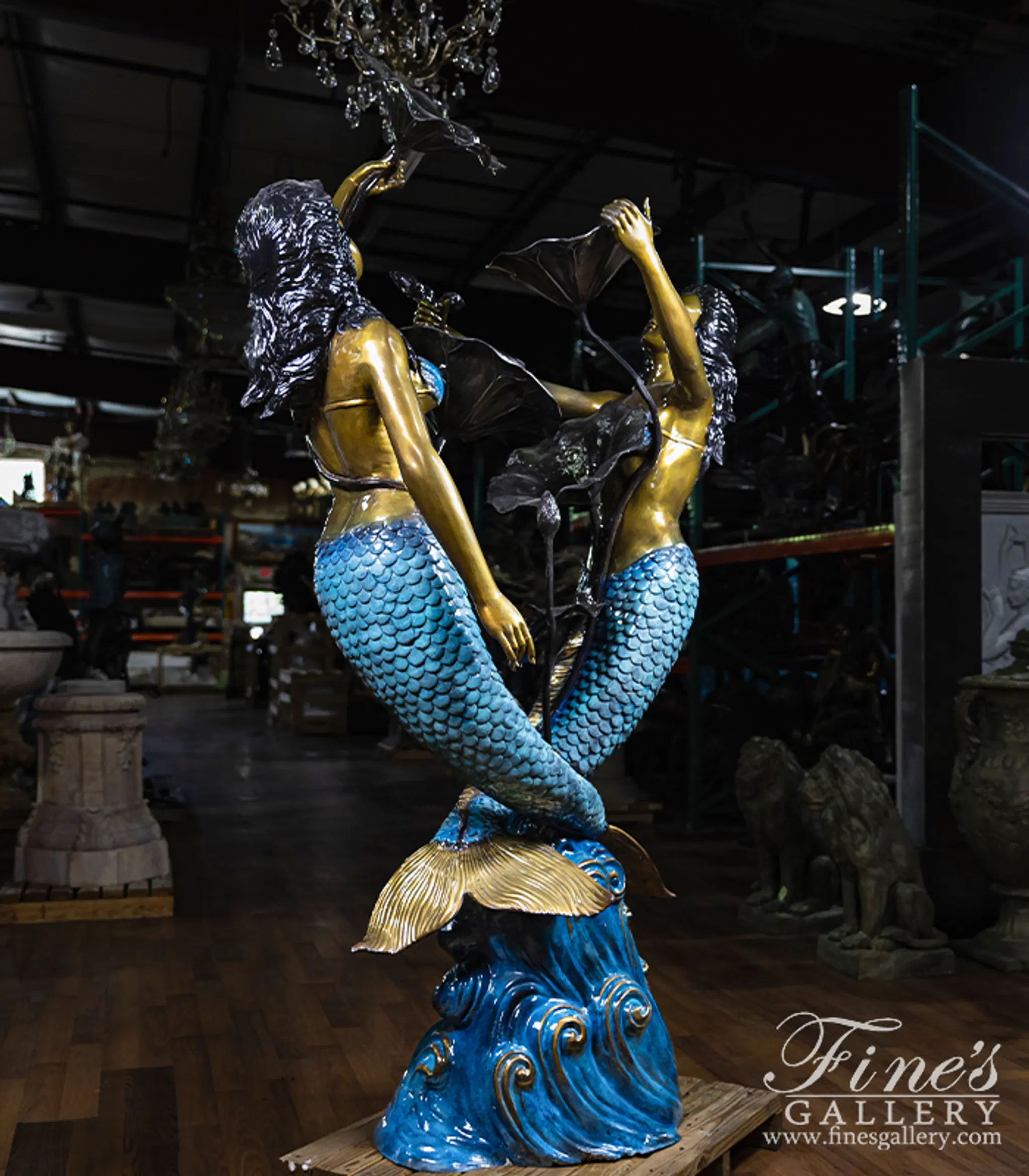 Two Mermaids and Lily Pads Fountain in Brilliant Blue Finish — Model BF-913 — detail view 4