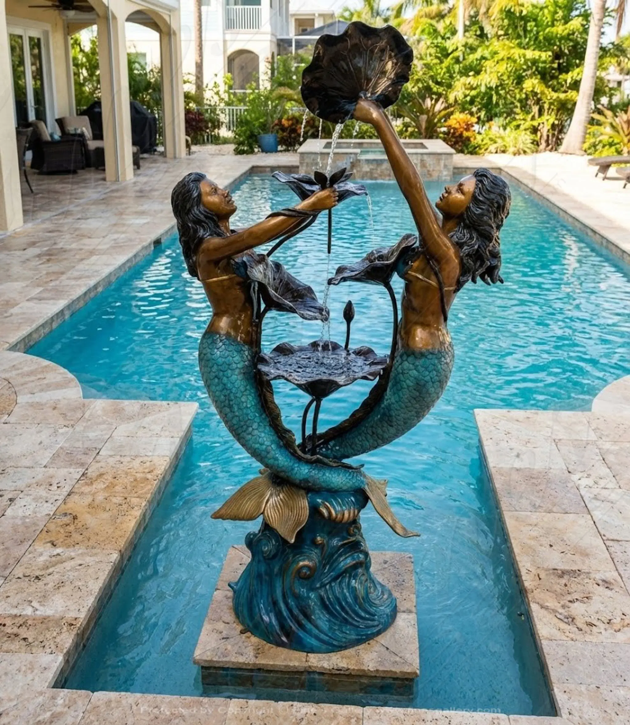 Two Mermaids and Lily Pads Fountain in Brilliant Blue Finish