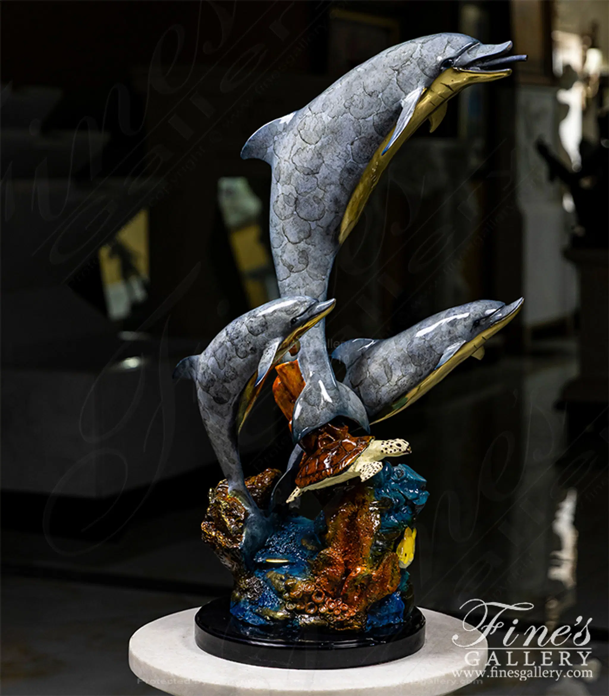 Dolphins and turtle themed fountain in Enamel Bronze