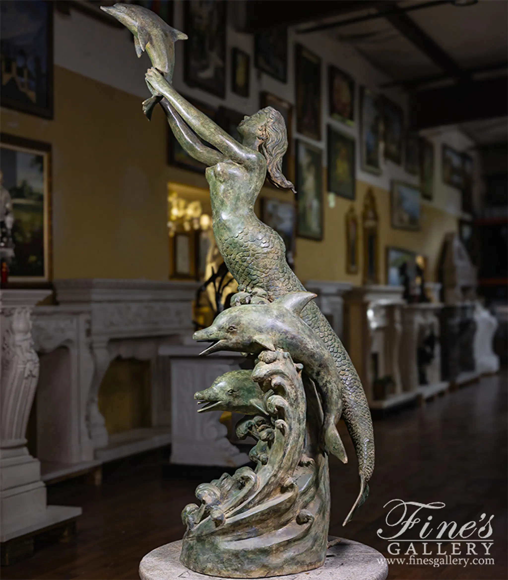 Mermaid and Dolphins Fountain in Patina Bronze — Model BF-932 — detail view 9