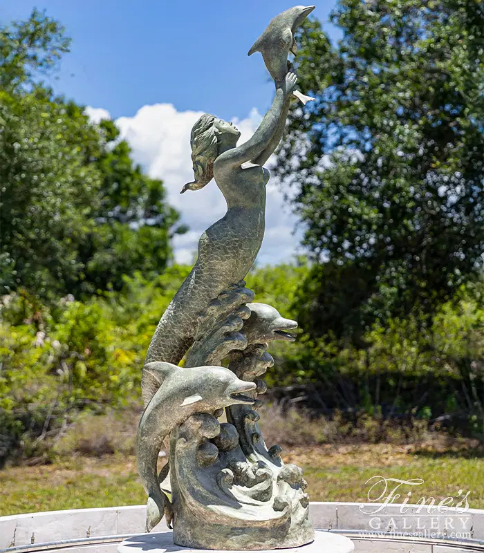 Mermaid and Dolphins Fountain in Patina Bronze