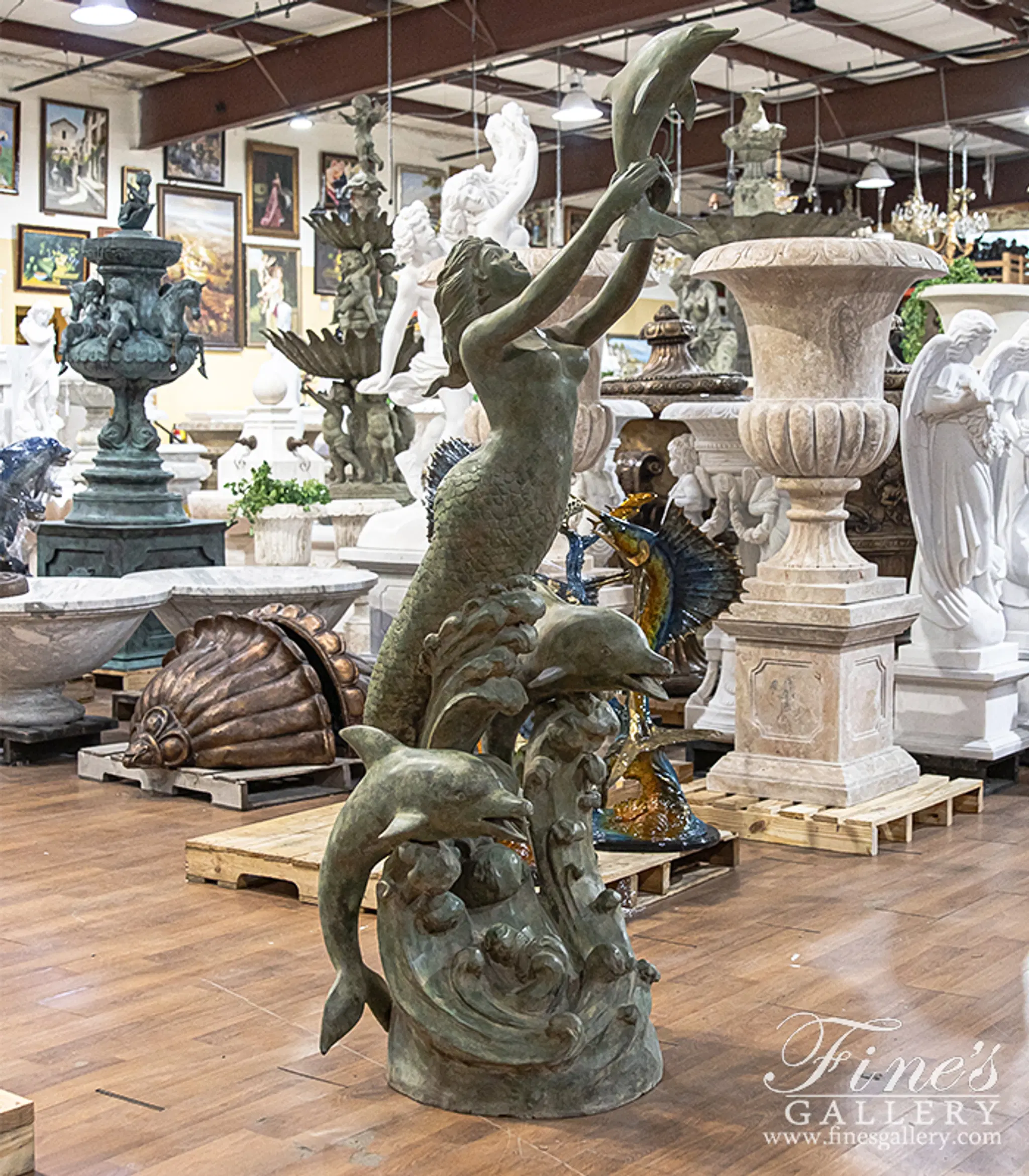 Mermaid and Dolphins Fountain in Patina Bronze — Model BF-932 — detail view 8