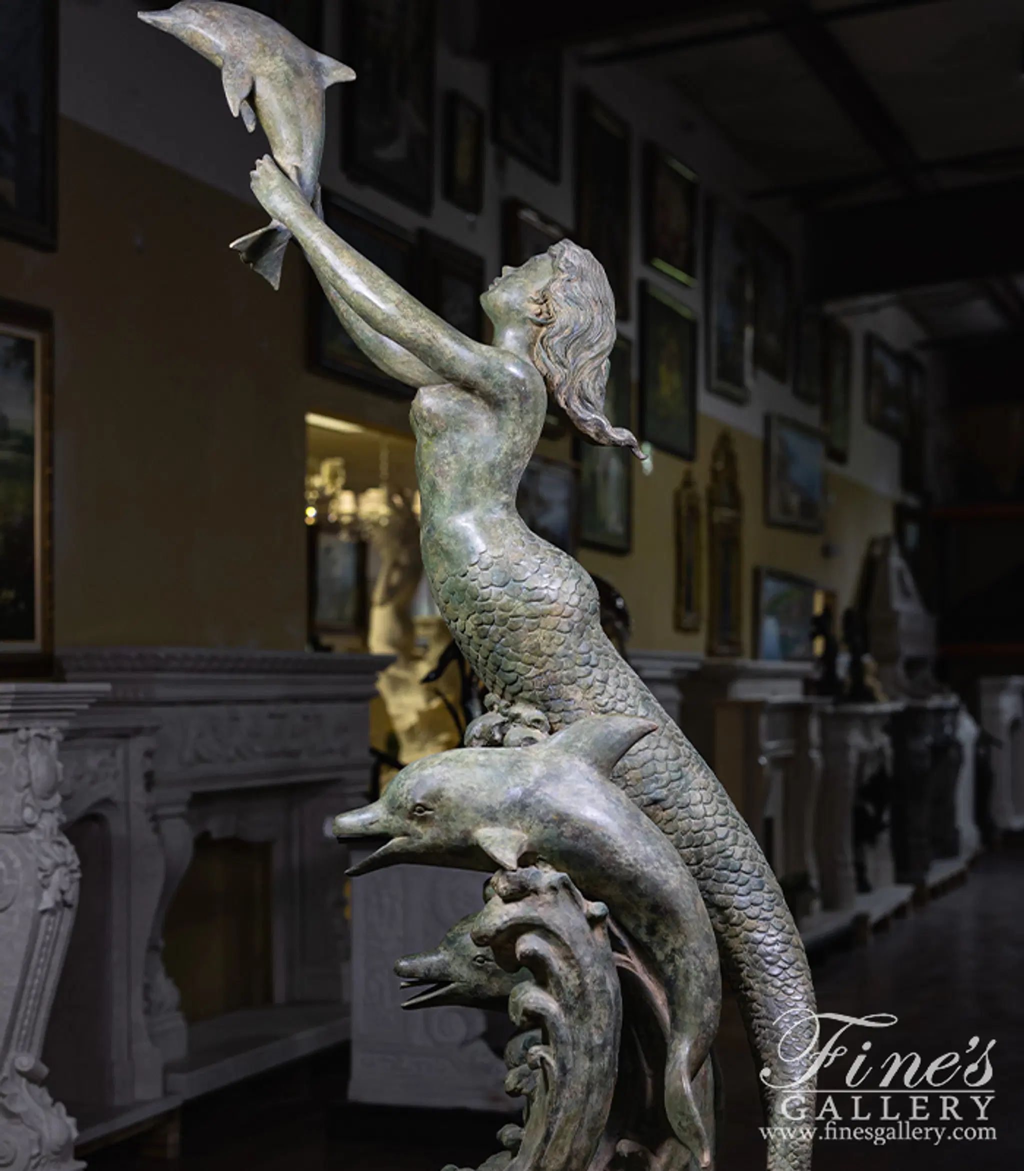 Mermaid and Dolphins Fountain in Patina Bronze — Model BF-932 — detail view 14