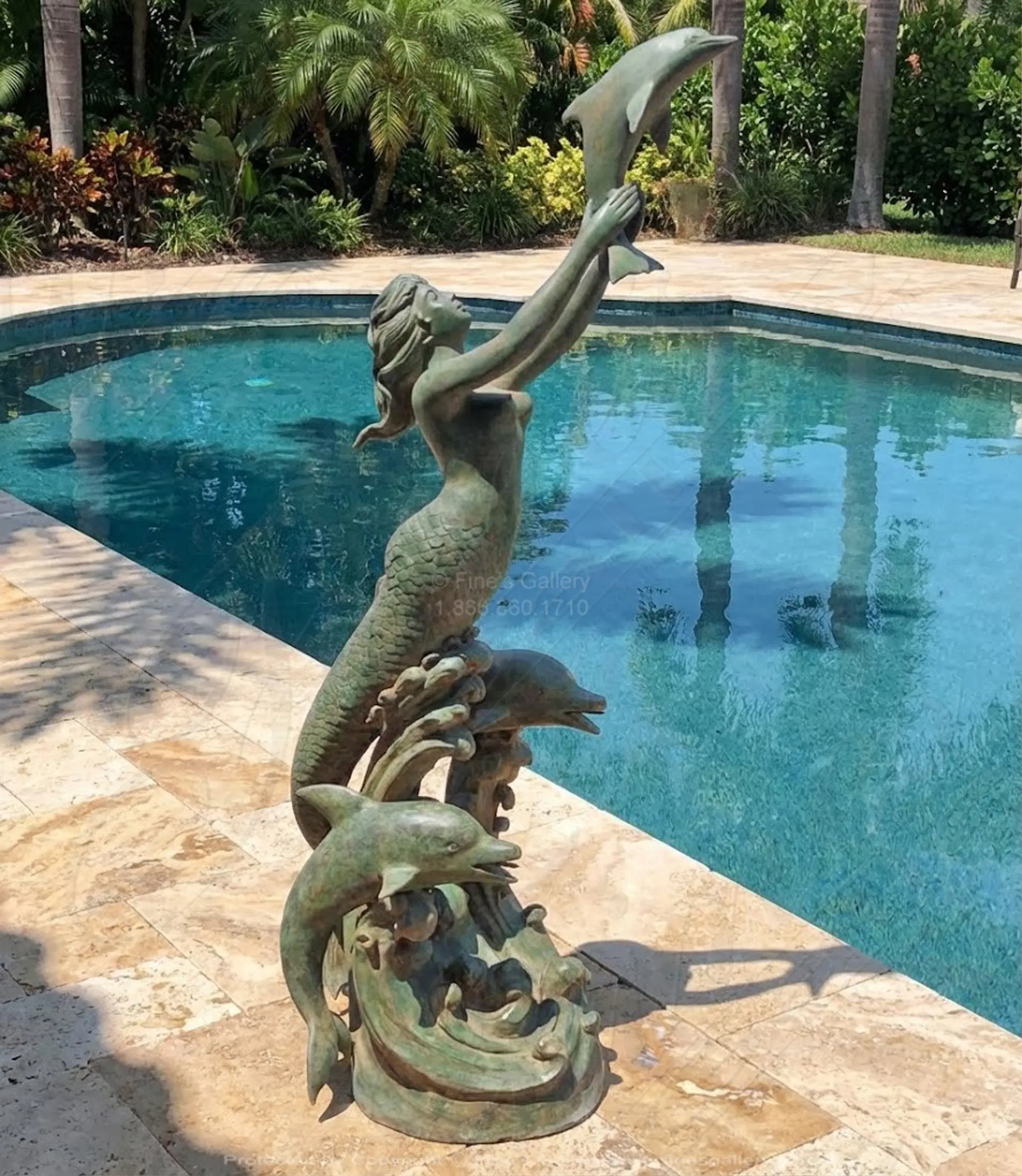Mermaid and Dolphins Fountain in Patina Bronze