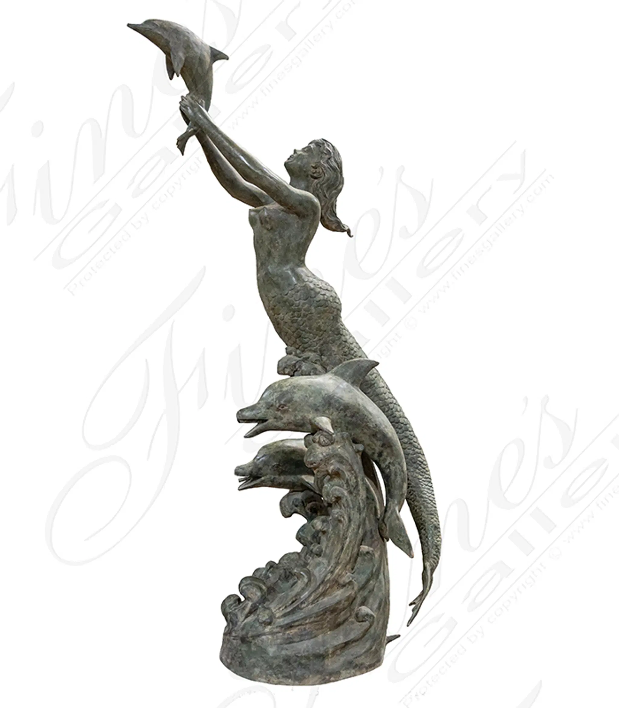 Mermaid and Dolphins Fountain in Patina Bronze — Model BF-932 — Hand-Crafted by Fine's Gallery