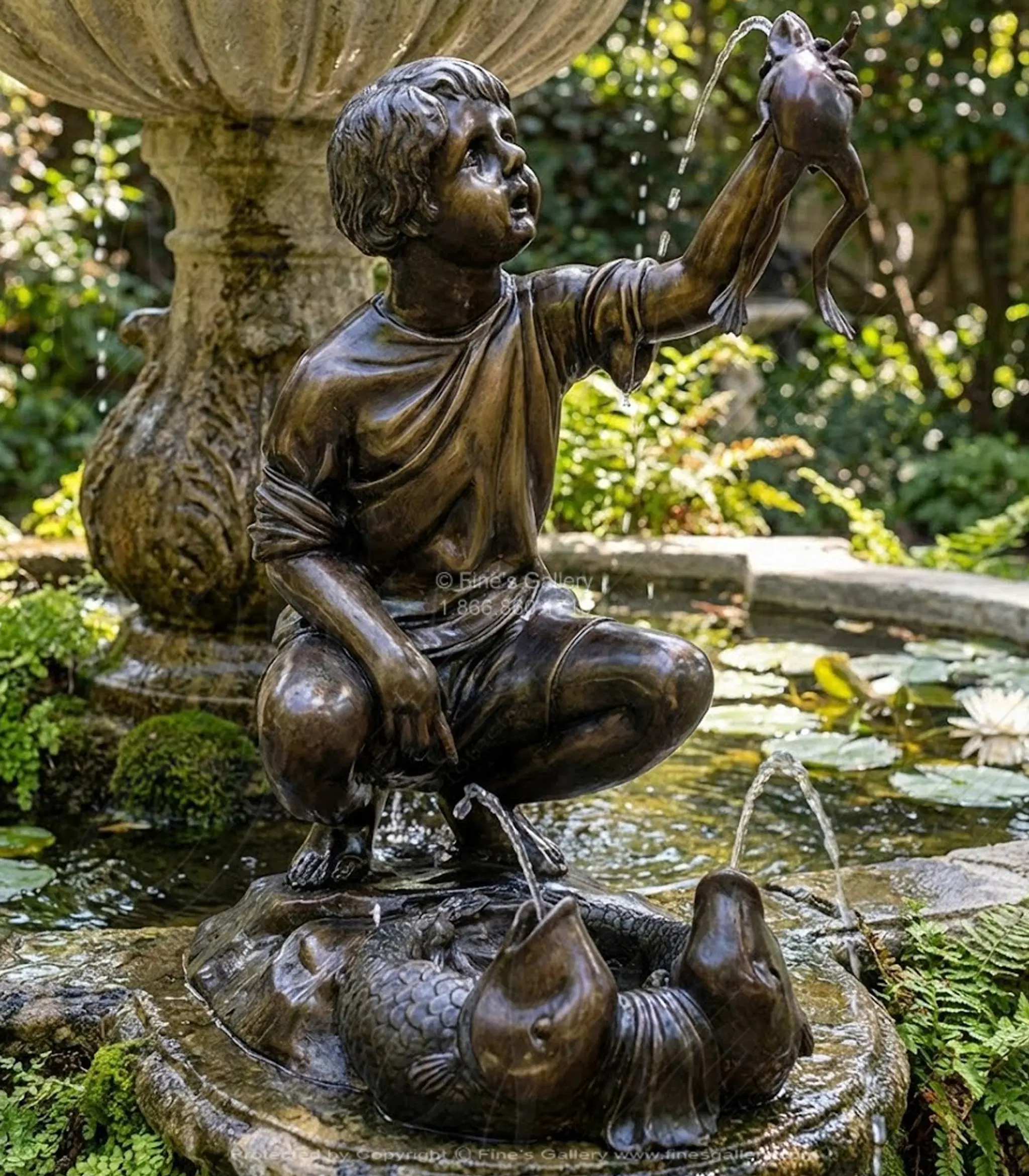 Curious Boy with Frog and Fish Bronze Fountain