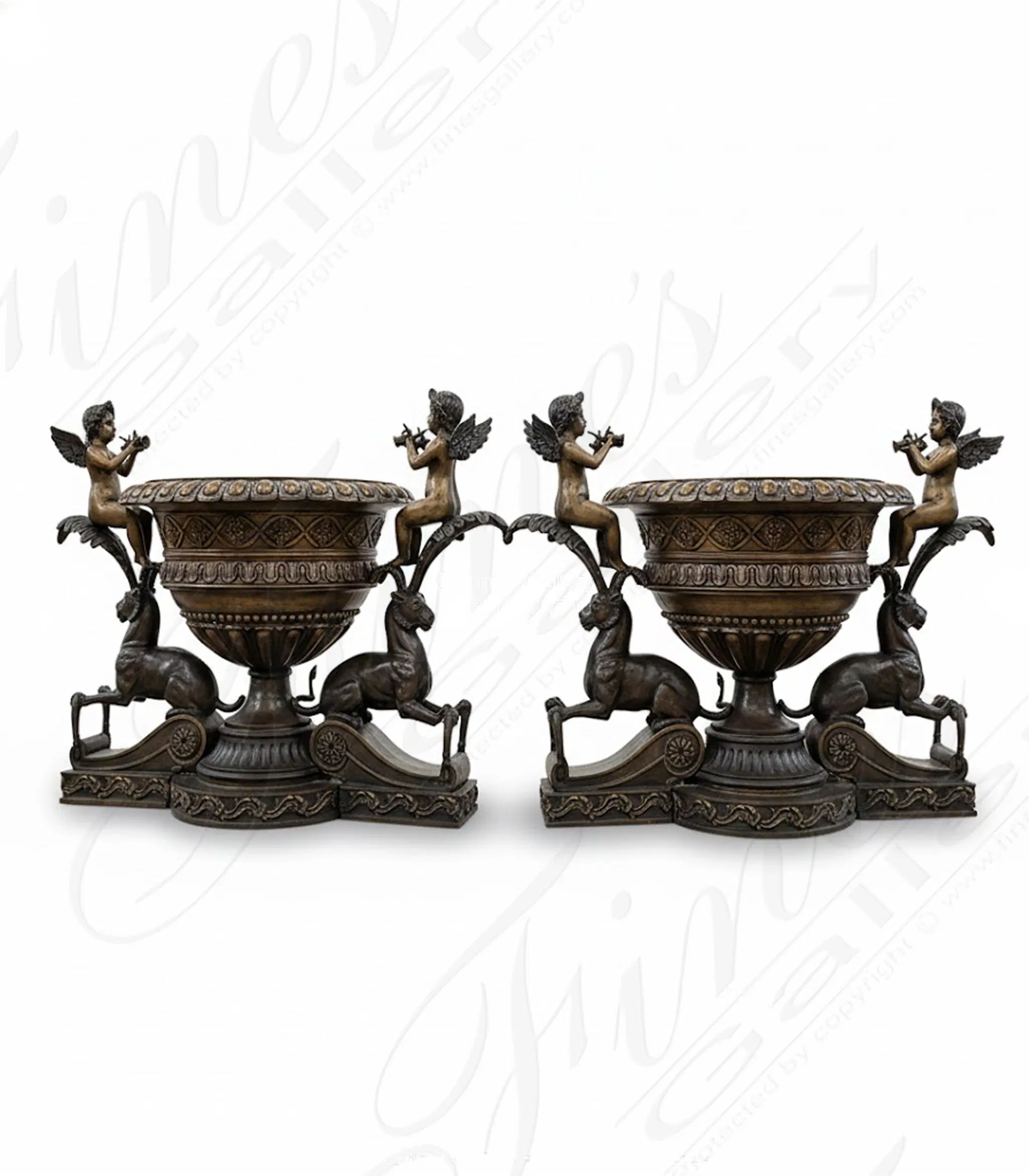 Bronze Mythical Cherub Planter - Ornate Silver Toned Luxury Planter with Golden Cherubs and Grecian Detail