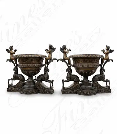 Bronze Mythical Cherub Planter - Ornate Silver Toned Luxury Planter with Golden Cherubs and Grecian Detail