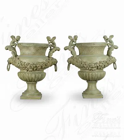 Cherub Lion Planter Statue Pair