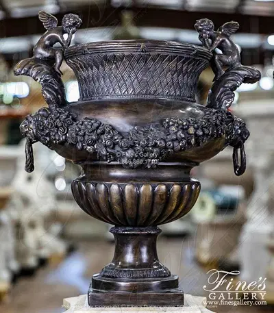 Cherub Lion Planter Pair in Classic Bronze