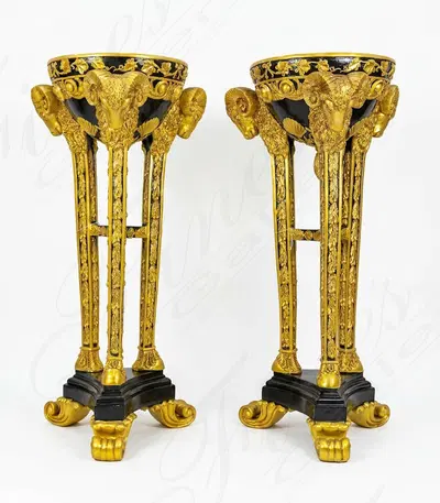 Gilt Bronze Ram Head Urn Pair