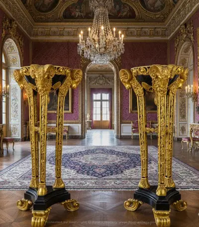 Gilt Bronze Ram Head Urn Pair
