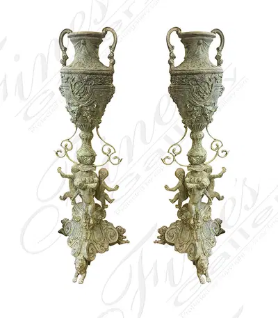 Elaborate Louis XII Urns in Patina Bronze