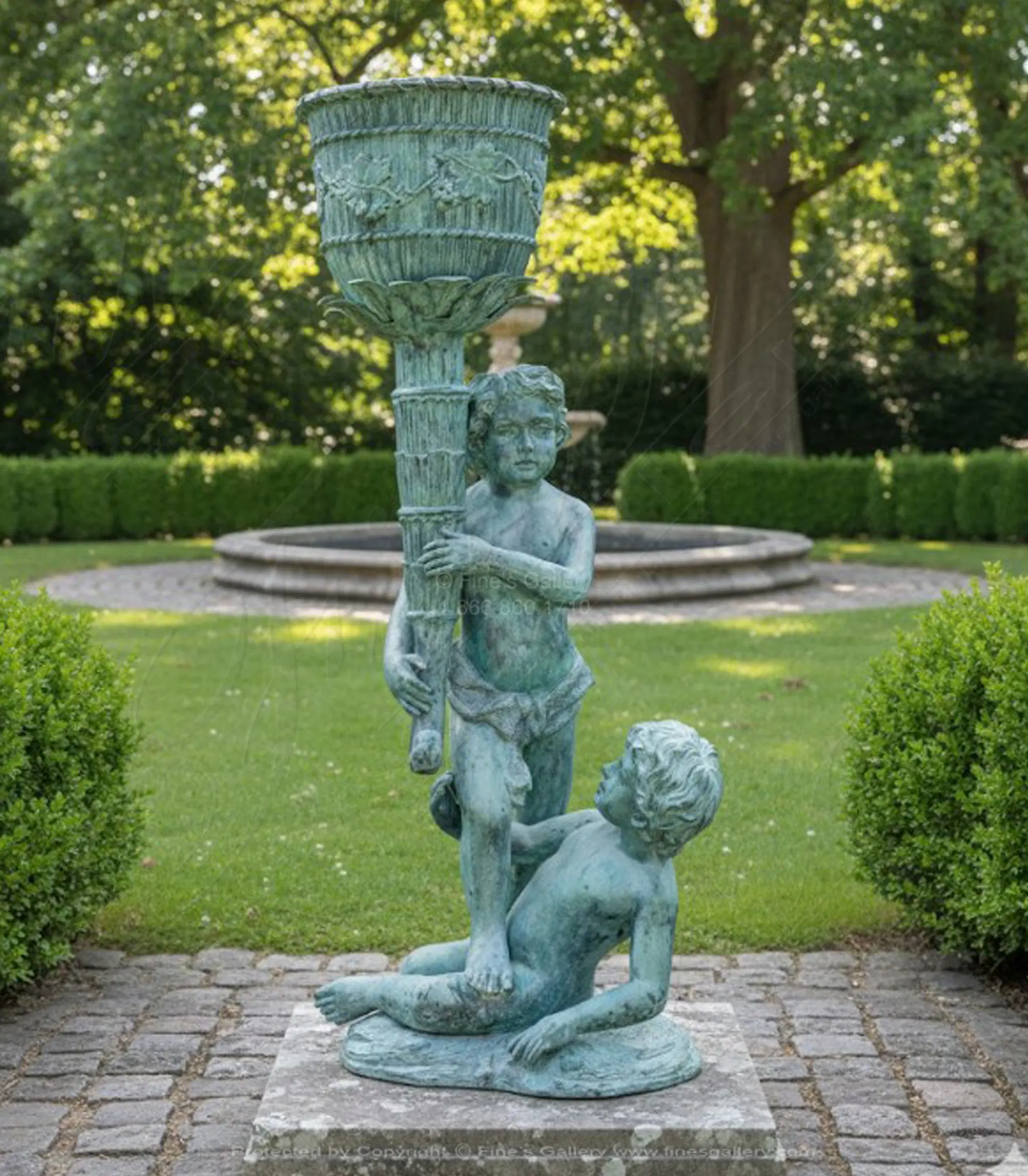 Traditional Children Holding Urn Bronze Planter - Patina Finish Garden Decor