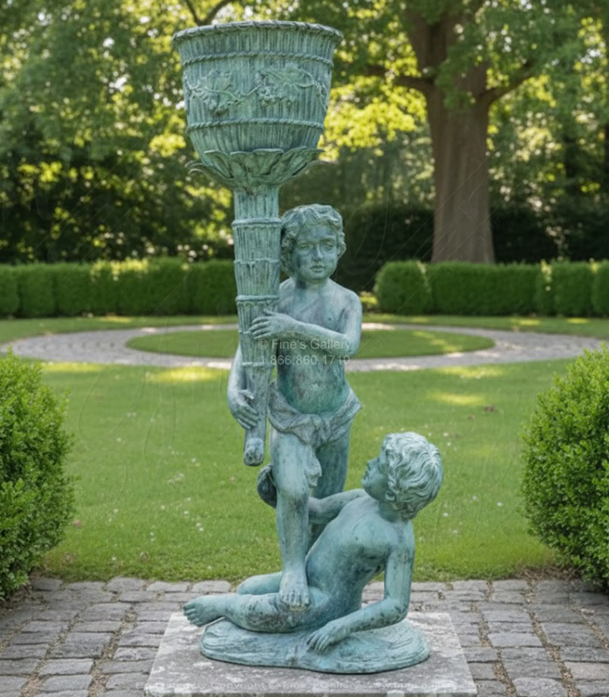 Traditional Children Holding Urn Bronze Planter - Patina Finish Garden Decor