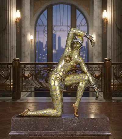 Art Deco Dancer in Gold Finished Bronze with Red Marble Plynth Included!