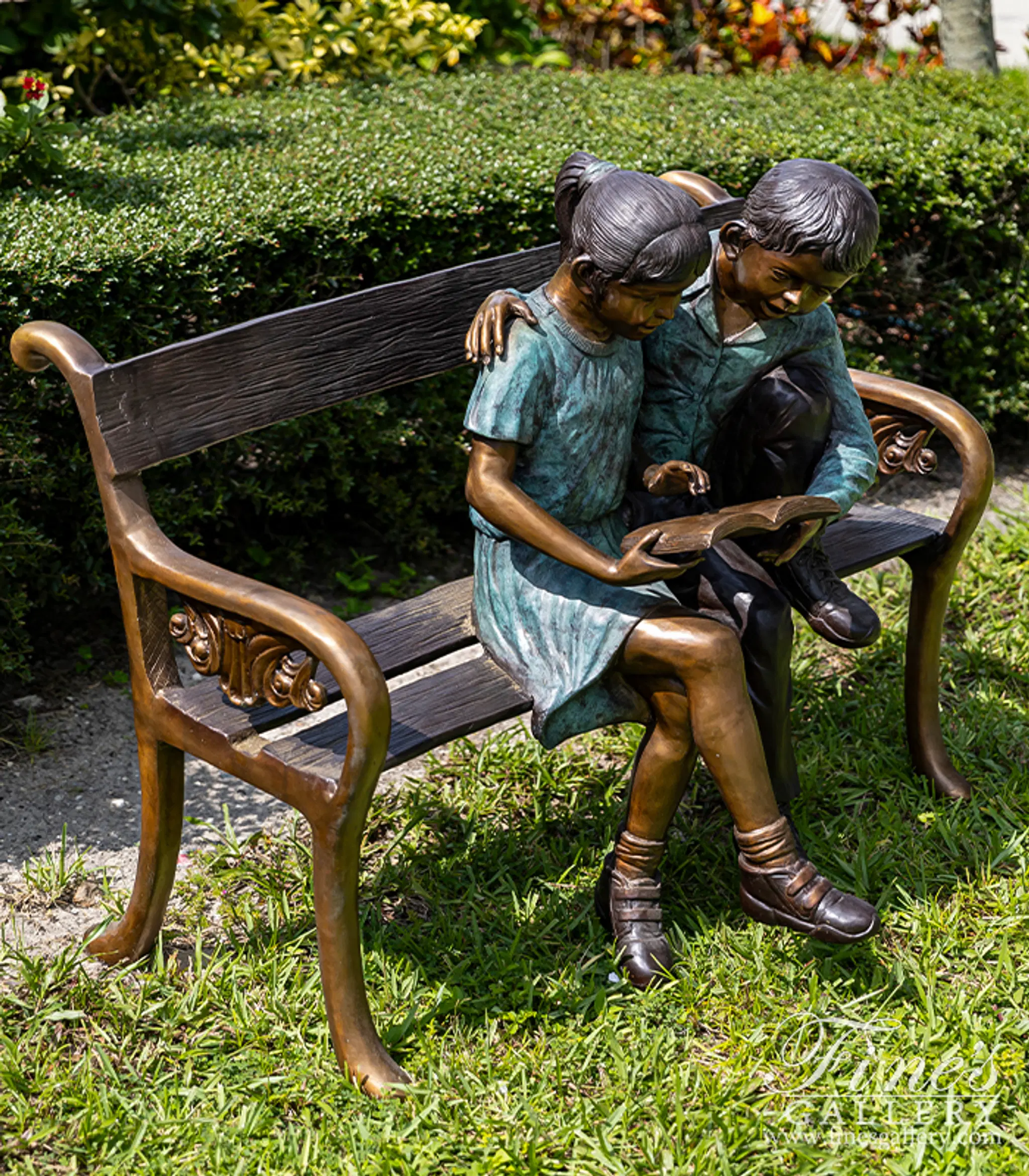 School Kids on Bench Bronze Statue — Model BS-120 — Hand-Crafted by Fine's Gallery